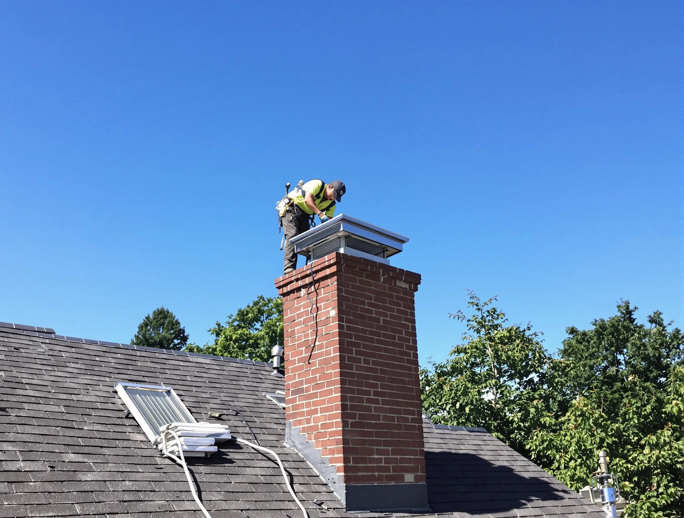 Peachtree City Chimney Sweep technician measuring a chimney cap in Peachtree City, GA