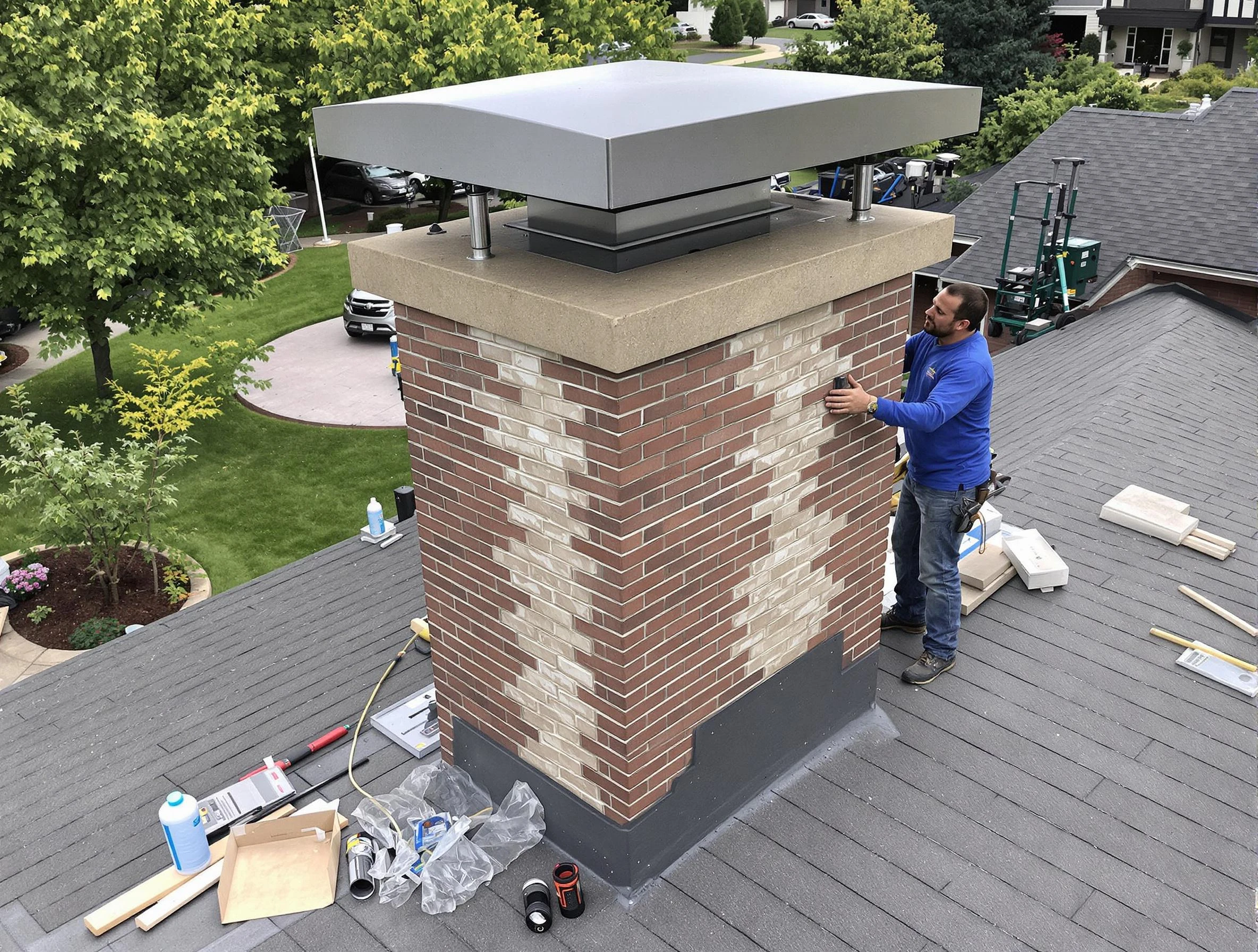Peachtree City Chimney Sweep team working on a custom chimney remodel in Peachtree City, GA